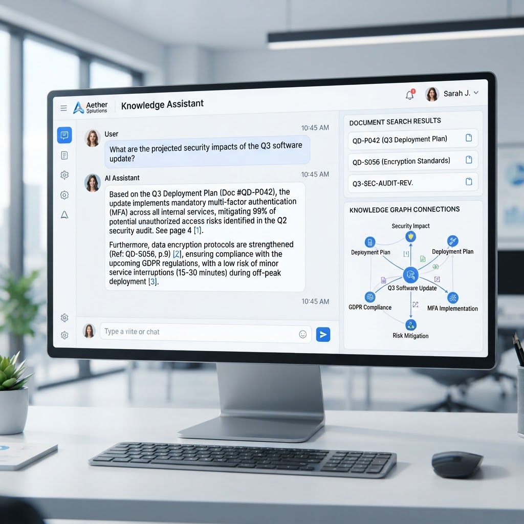 Enterprise AI knowledge assistant answering a natural-language question with cited internal documents