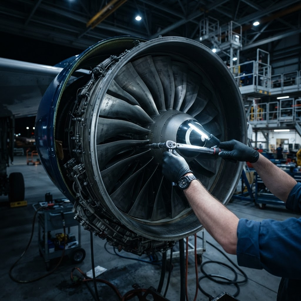 Technician servicing an aircraft turbofan engine